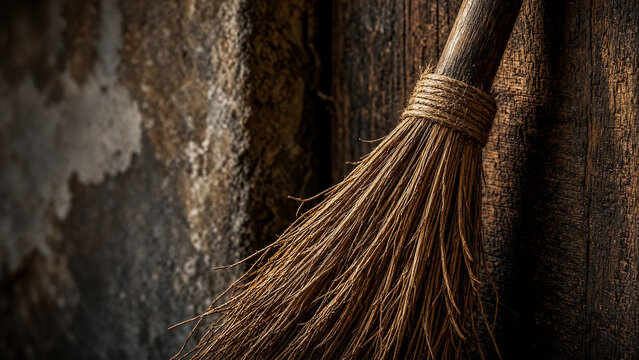 A weathered broom leans against a rough, dark wooden wall.  Dust motes dance in the dim light.