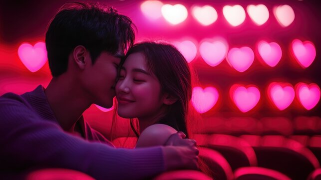Young romantic loving couple kissing on the red chair in Cinema, relationships and lifestyle concept,bokeh pink heart in cinema,romantic spending time together,Relaxation movie concept.