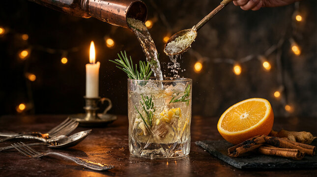 Sparkling elderflower tonic pouring from a copper bar spoon over muddled ginger into a crystal glass with rosemary and ice