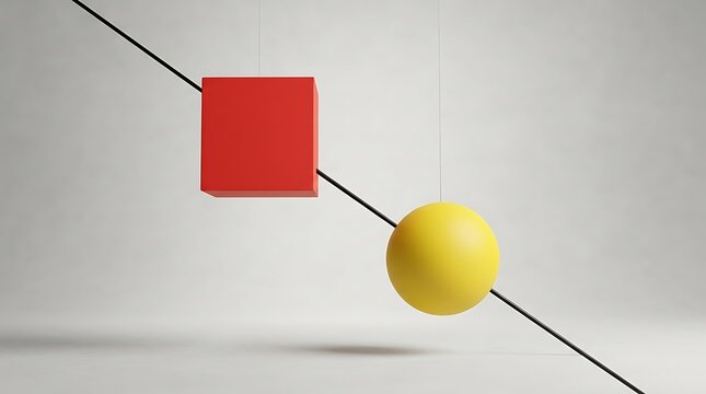 Red square cube and yellow round ball sphere balancing on a thin black line against a soft neutral grey background