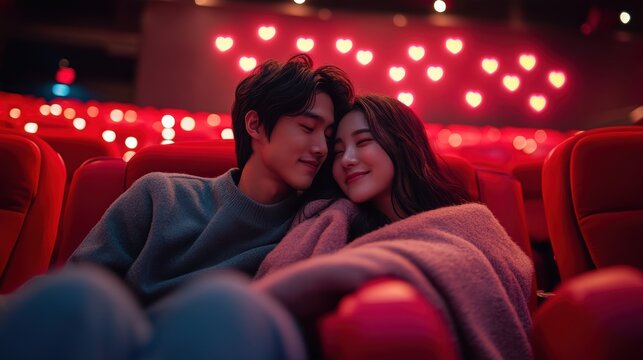 Young romantic loving couple kissing on the red chair in Cinema, relationships and lifestyle concept,bokeh pink heart in cinema,romantic spending time together,Relaxation movie concept.