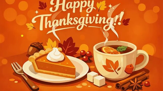 Animated thanksgiving table scene with pumpkin pie slice and steaming spiced tea mug, subtle pan and rising steam motion.