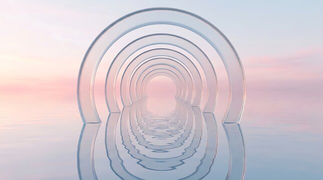 Abstract tunnel with glowing circular rings reflecting on a calm water surface at sunset with soft pastel colors