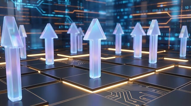 Glowing blue arrows pointing up on a digital circuit board background representing growth and technology progress
