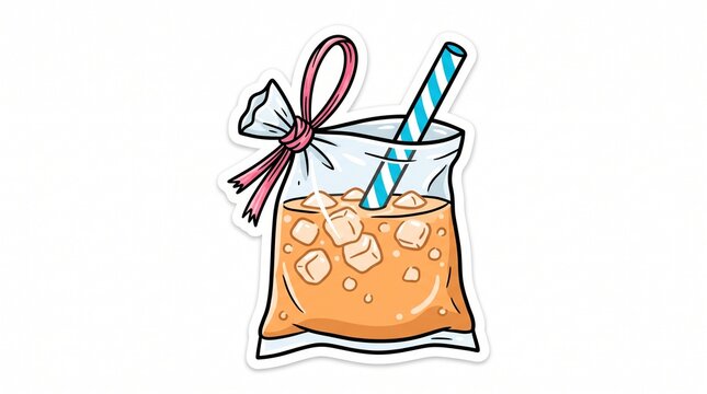 Minimalist 2D Teh Ais Ikat Tepi Iced Milk Tea in Bag Illustrations 