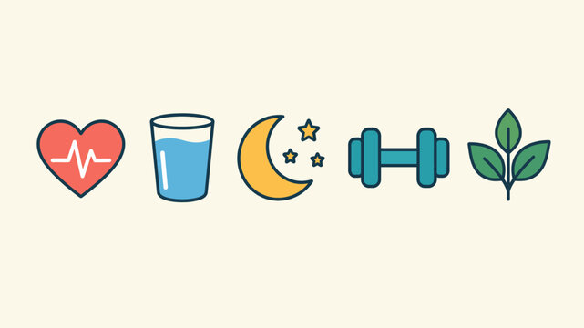 Healthy lifestyle habits icons set featuring heart pulse, drinking water, sleep, fitness dumbbell, and plant diet