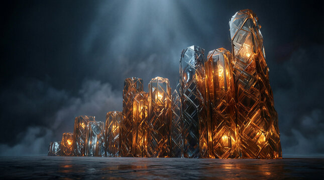 Abstract 3D column chart featuring dark translucent crystal structures with glowing internal amber lights