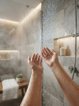 Close up of woman reaching hands toward running water under modern rainfall showerhead in luxury bathroom