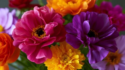 Fototapeta premium Vibrant bouquet of colorful flowers with rich petals and detailed centers in a soft natural arrangement