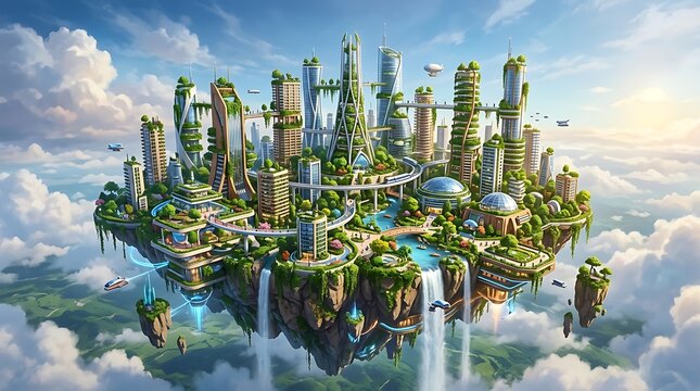 Futuristic floating city with green skyscrapers and waterfalls in the sky surrounded by bright white clouds