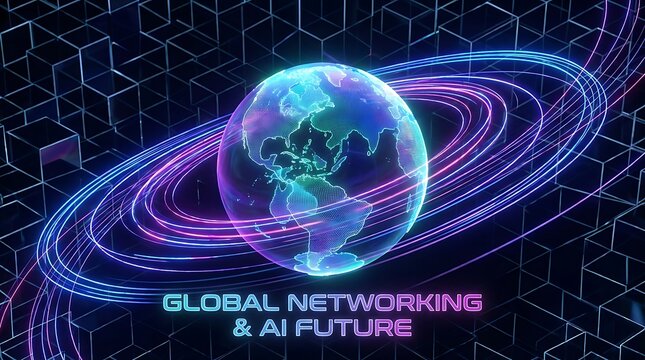 Digital earth globe with futuristic light rings and data network lines representing global connection and AI technology