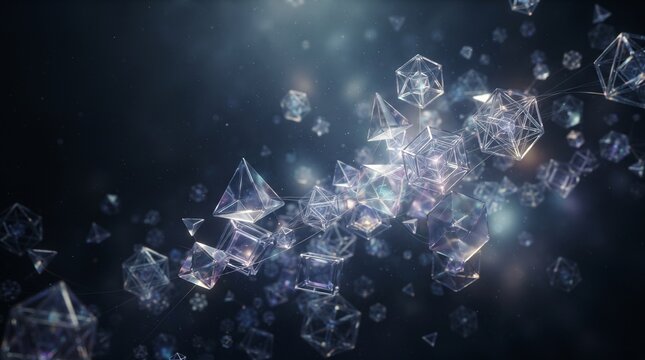 3d glass polyhedron science technology digital network future futuristic space universe stars cosmos galaxy physics chemistry molecule atom quantum particles dust glow glowing