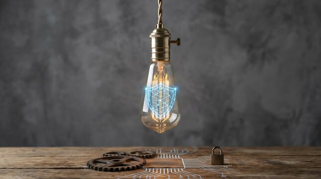 Vintage light bulb with a glowing blue digital shield icon inside on a rustic wooden table with gears and circuit board