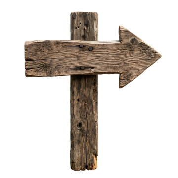 Rustic vintage wooden directional arrow signpost with weathered texture and old nails pointing right, isolated on a transparent background for creative navigation and travel design projects.