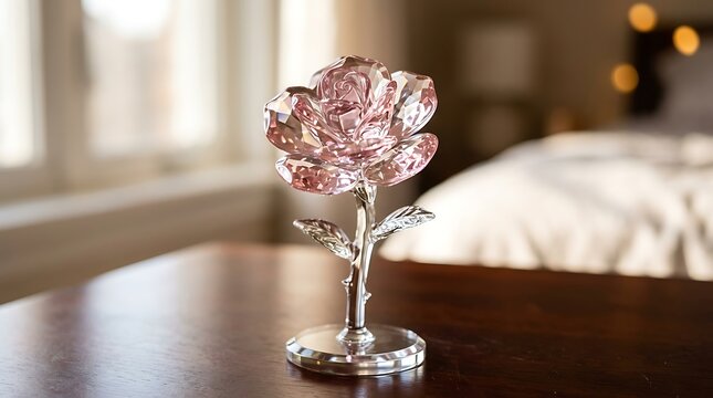 Beautiful pink crystal rose flower ornament sitting on a dark table in a bright cozy living room interior setting