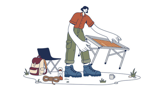 A flat vector illustration of a person setting up a folding table at a campsite.