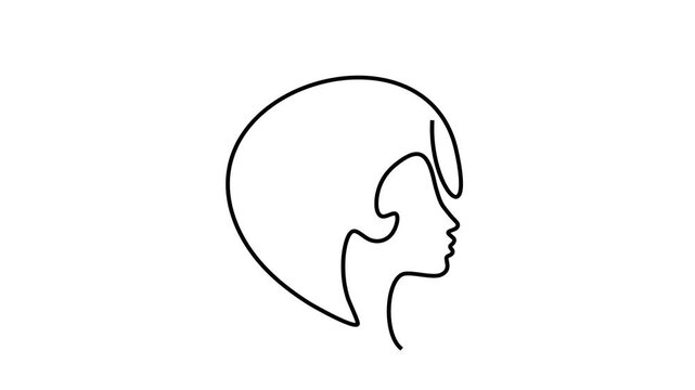 Continuous line animation of female head profile with lush hairstyle, elegant woman portrait, beauty and fashion concept