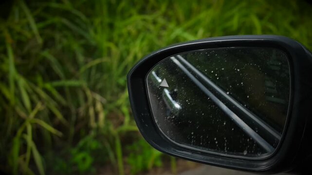 Car side mirror view with motion blur and raindrops while driving.⁠