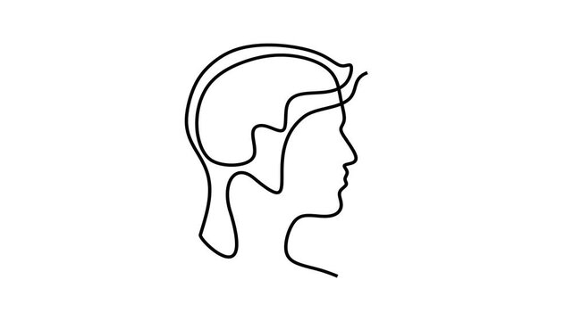 Continuous line animation of male head profile with brain inside, mind and intelligence, thinking and psychology concept