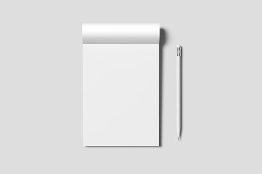 Blank notebook mockup with a white pencil on a gray background 3d rendered