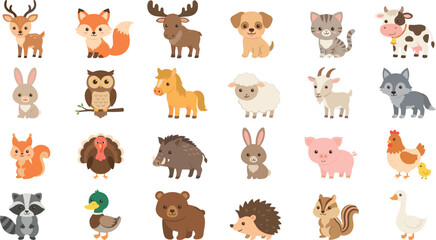 Obraz premium Adorable nursery style baby animal illustration collection with a bear, fox, deer, horse, cat, dog, cow, pig, and owl for kids designs.