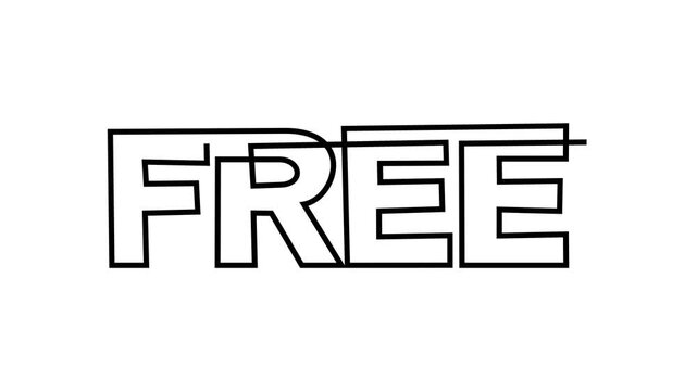 Continuous line animation of word free, text lettering, sale and promotion concept