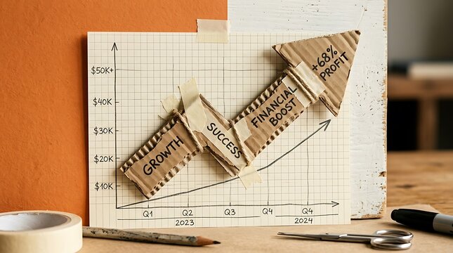Hand drawn business growth graph showing financial success and profit increase on paper with pens on a desk