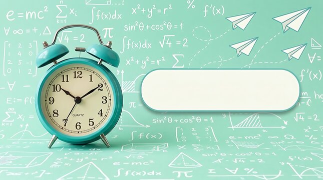 Green vintage alarm clock with blank label on a light green background with math formulas and paper airplanes