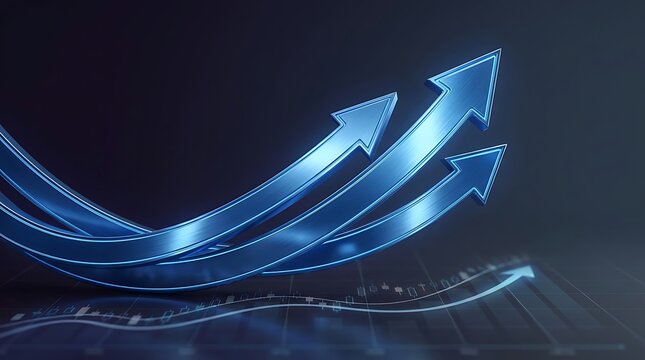 Three shiny blue arrows pointing up showing business growth and success on a dark background