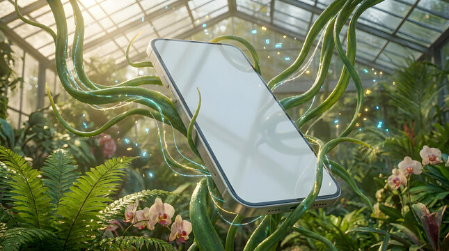 Smartphone with blank screen floating in a lush botanical greenhouse with natural sunlight