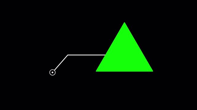 Green screen triangle callout with direct leader line to lower left dot marker on black background. Ideal for warning tags, alert markers, and broadcast pointers.