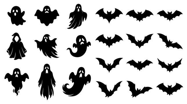 Halloween ghost and bat silhouette vector set isolated on white background Editable EPS
