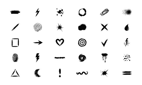 Black hand drawn abstract and symbols including lightning, hearts, and splatters