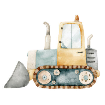Vintage watercolor bulldozer, tracked construction vehicle illustration, yellow and blue heavy equipment artwork for kids decor isolated PNG with Transparent Background