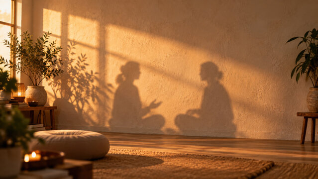 Two people having 1 on 1 breathwork session with facilitator in warm cozy room filled with plants and soft natural light