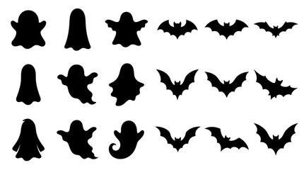 Fototapeta premium Halloween ghost and bat silhouettes, black spooky vector set on white background Editable EPS