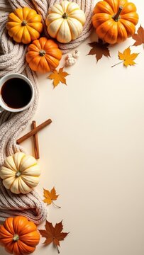 Cozy autumn flat lay with pumpkins, warm knitted blankets, coffee, maple leaves and cinnamon on a light background. Seasonal fall composition with copy space for text, banners and designs