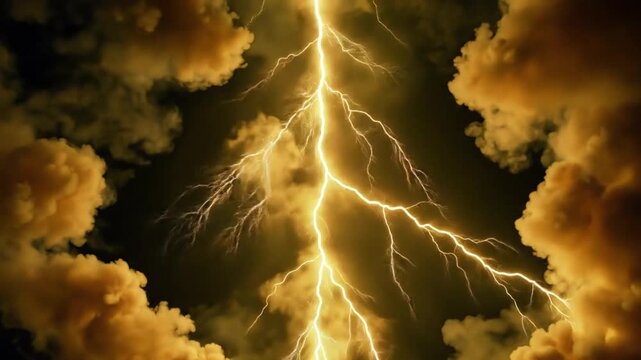 Dramatic lightning bolt striking through dark storm clouds at night