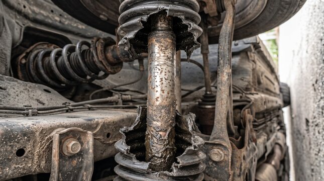 Damaged car shock absorber with torn rubber boot and rust under vehicle
