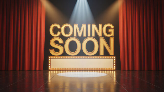 Coming soon sign on stage with curtains and spotlight for announcement