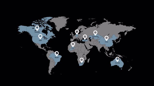 Grey world map with location pins and countries highlighting blue over time on black background. Great for travel videos, office location graphics, and geography lessons.