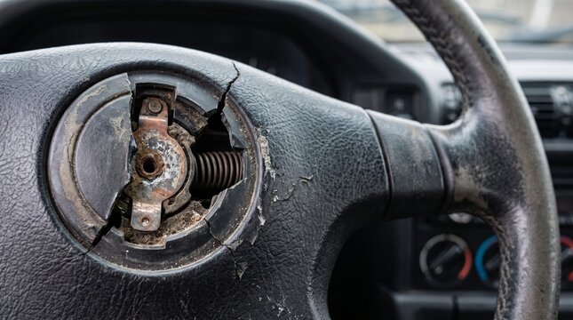 Broken car steering wheel with missing center cover inside vehicle interior