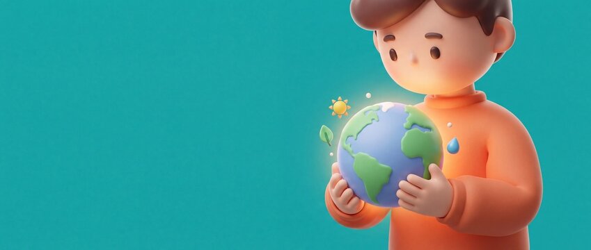 3D illustration of a child holding a glowing Earth globe with nature icons, symbolizing environmental protection and global care