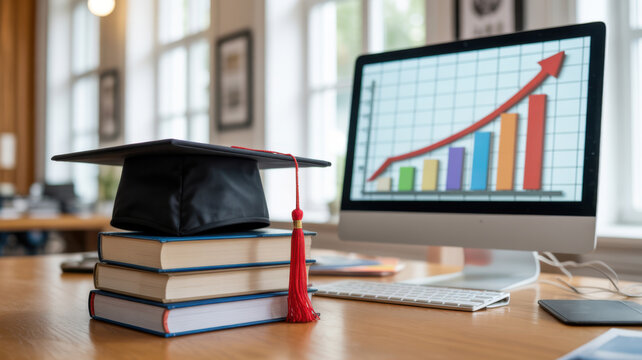 Graduation cap on books beside computer with growth chart for success