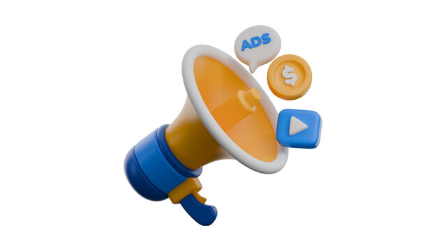 Digital marketing megaphone 3D icon depicting promotional activities, revenue growth, and video content strategy for business development 76