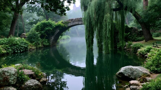 Gapstow bridge in central park on a foggy morning