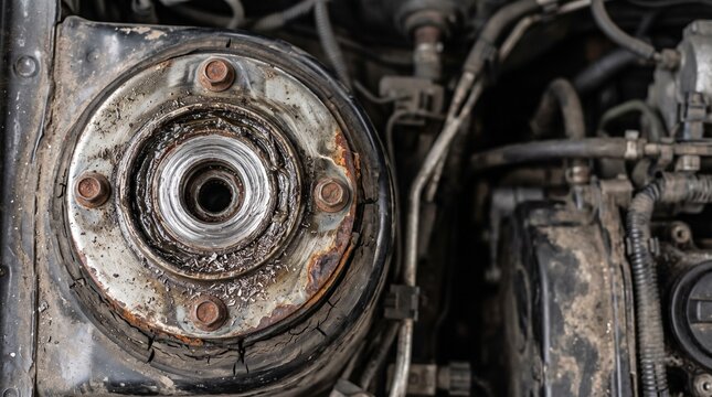Rusty car suspension strut mount in an old vehicle engine bay