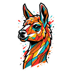 Fototapeta premium Vibrant and dynamic low-poly llama head illustration with abstract geometric patterns and colorful paint splatters, perfect for modern design