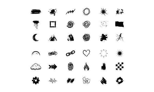 Collection of black hand drawn abstract and symbols on white background