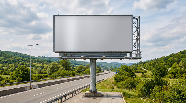 Mockup hiperrealista de un gran cartel publicitario de carretera completamente en blanco, preparado para insertar cualquier dise&ntilde;o o imagen publicitaria.